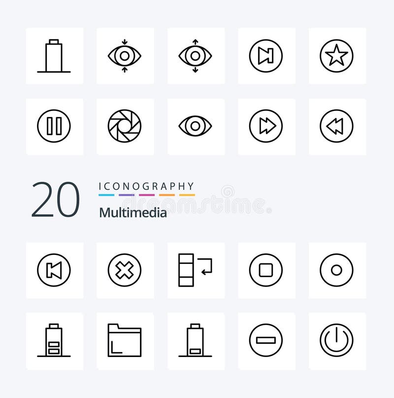 20 Multimedia Line icon Pack like file half data battery multimedia royalty free illustration