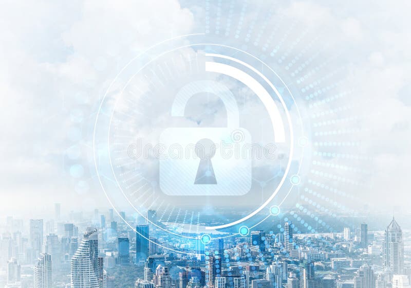 Multimedia mieszane Cybersecurity z wirtualną kłódką obraz royalty free