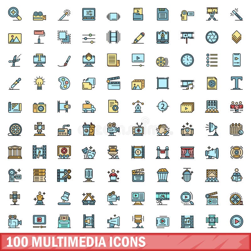 100 multimedia icons set. Color line set of multimedia vector icons thin line color flat on white. 100 multimedia icons set. Color line set of multimedia vector icons thin line color flat on white