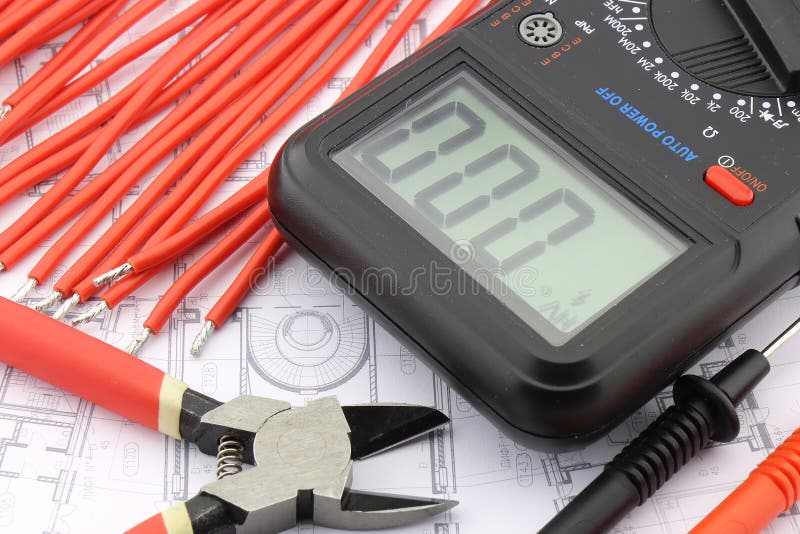 Multimeter and Tools for Electrical Installation in a Close-up