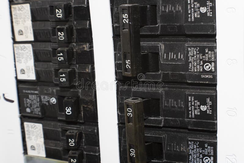 Breakers in breaker box stock image. Image of electrical 211313359