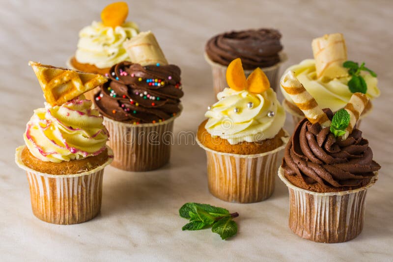 Multiple Colorful Nicely Decorated Homemade Muffins Cakes Stock Photo