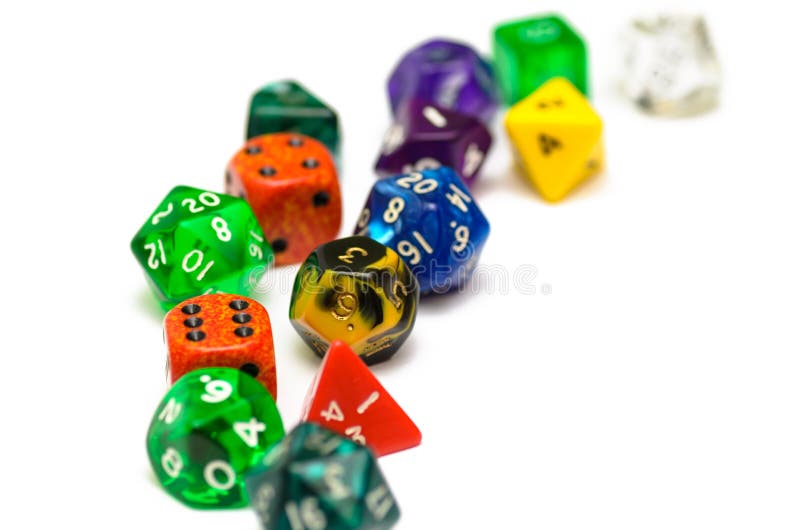 Multiple colorful role playing dices lying on backgroun