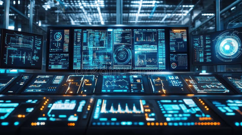Modern control room monitoring showing charts, data analysis and futuristic user interface royalty free stock photos
