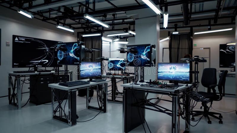 Multiple computer screens display complex data visualizations and drone telemetry in a high tech control center, suggesting advanced technological monitoring and unmanned aerial vehicle management. Ai generated command center stock images, royalty-free photos and pictures