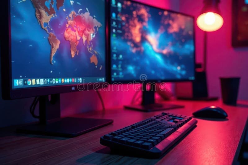 Multiple computer screens, keyboard, desk, close up view , social media, internet, teamwork vector illustration