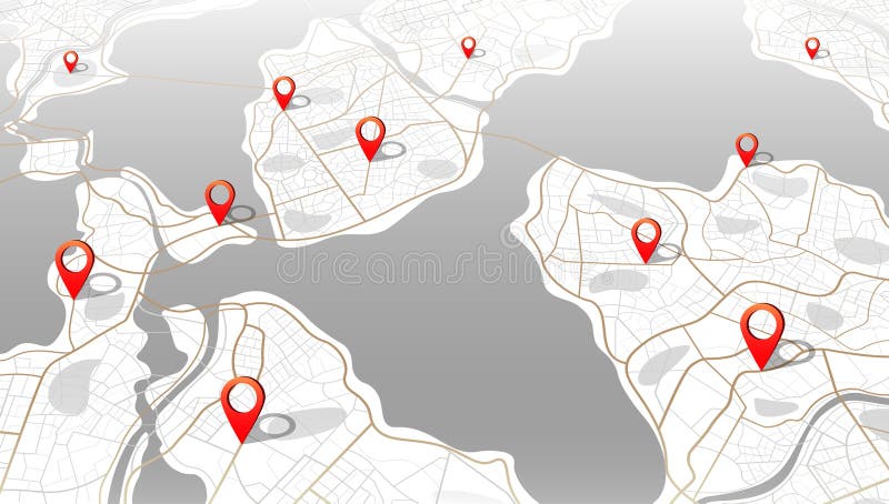 Multiple destinations. Gps tracking map. Track navigation pins on street maps, isometric navigate mapping, locate stock illustration