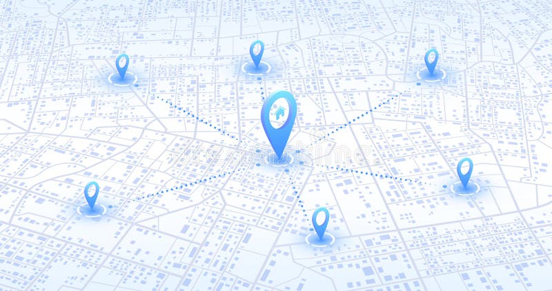 Multiple destinations from home. Gps tracking map. Track navigation pins on street maps, navigate mapping technology and royalty free illustration