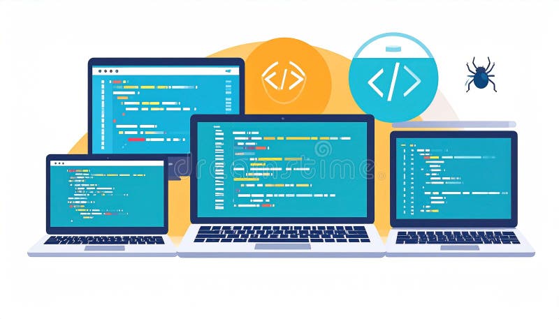 Multiple devices displaying lines of code, cybersecurity threat stock illustration