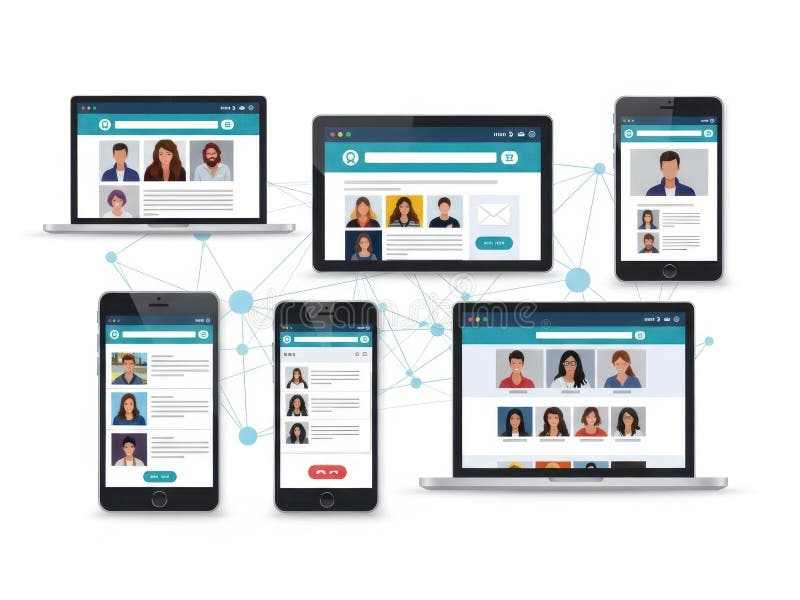 This image features various devices such as laptops, tablets, and smartphones displaying a networking platform. The devices are shown with user profiles and network connections, all set against a transparent background. The image is SEO-friendly and ideal for showcasing the versatility of the platform across different devices. Networking profiles stock images, royalty-free photos and pictures