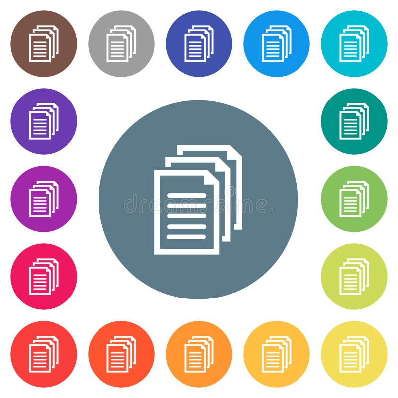 Multiple documents flat white icons on round color backgrounds. 17 background color variations are included