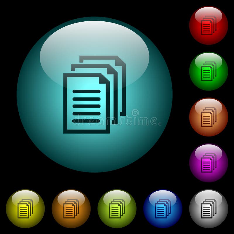 Multiple documents icons in color illuminated glass buttons stock illustration