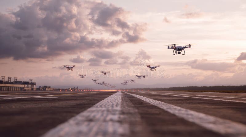 Multiple drones flying in formation over airport runway at sunset with dramatic cloudy sky and illuminated lights creating royalty free stock images