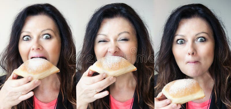 Multiple faces of same brunette woman eating pastry. Multiple faces of same brunette woman eating pastry