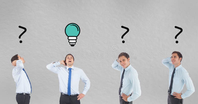 Digital composite of Multiple image of businessman with light bulb and question marks