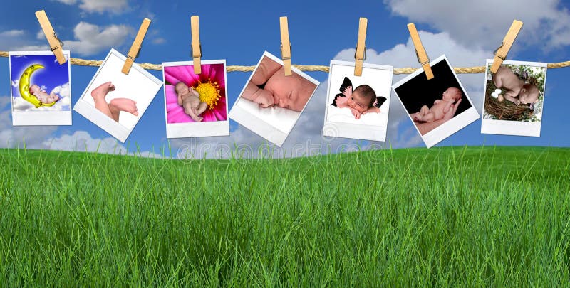 Multiple Infant Images Hanging Outdoors on a Cloth