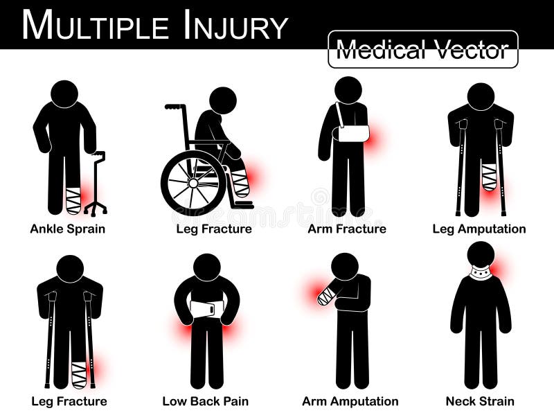 Múltiple lesión colocar ( tobillo esguinces , pierna fractura , brazo fractura , pierna amputación , pierna fractura , bajo dolor , brazo amputación , cuello tribu )( médico sostener hombre , físicamente terapia ) 