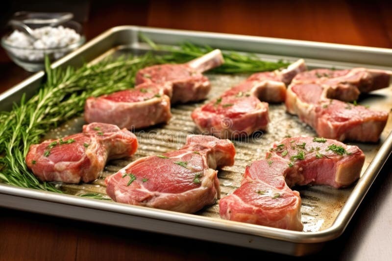 Mai multe cotlete de miel cu termometru pe o foaie de copt stock image