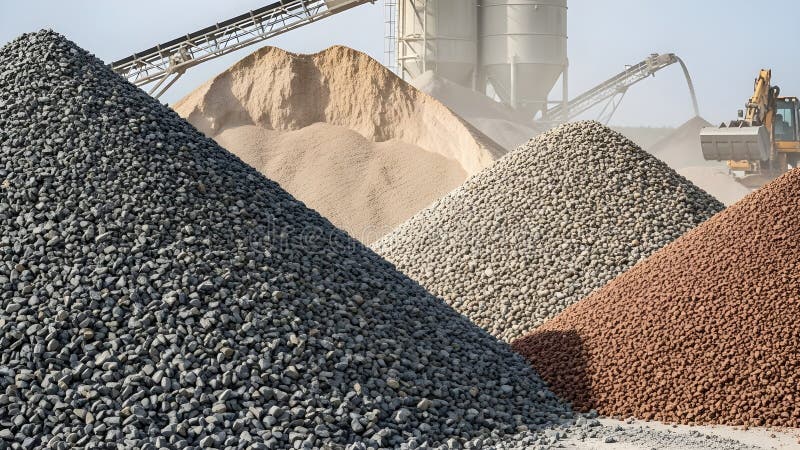 Multiple large stockpiles of gravel, sand, and crushed stone at aggregate facility