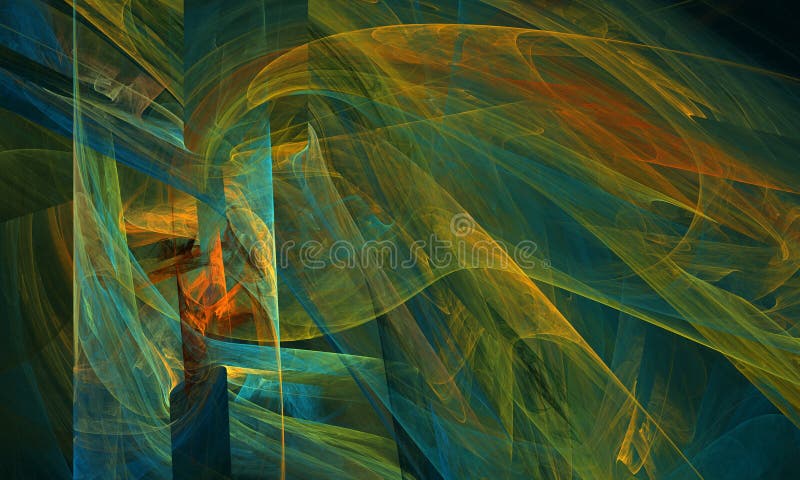 Multiple layers of green yellow blue orange paint in dynamic veil or shroud. royalty free stock image