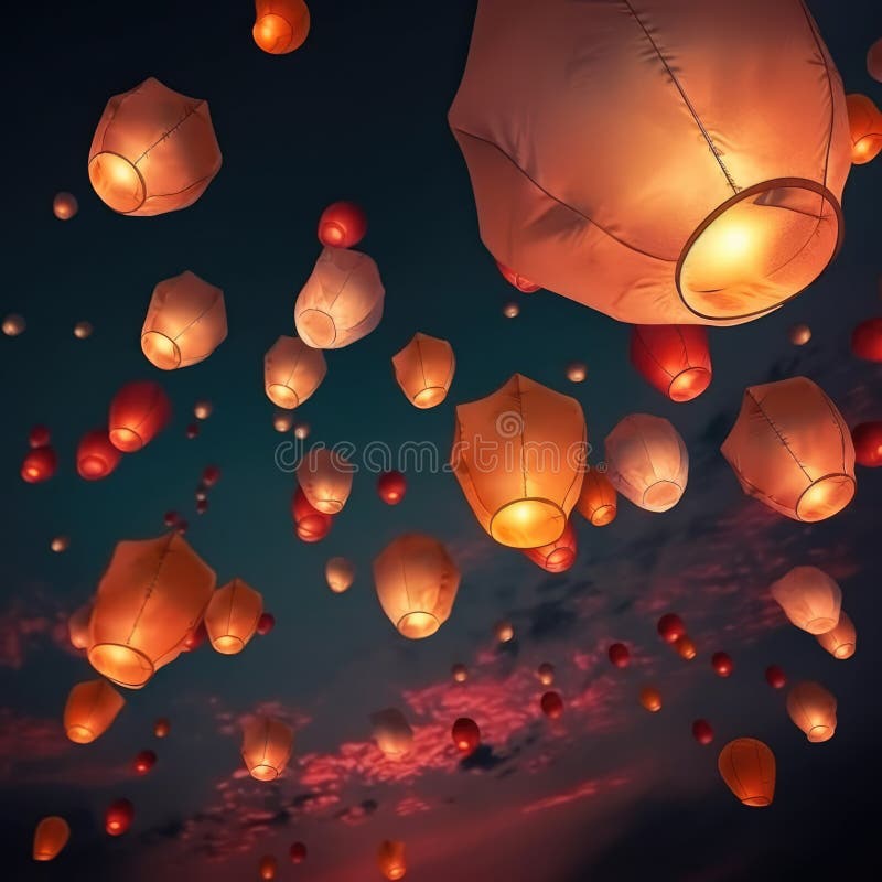 Multiple Lighted Chinese Lanterns Over Sky