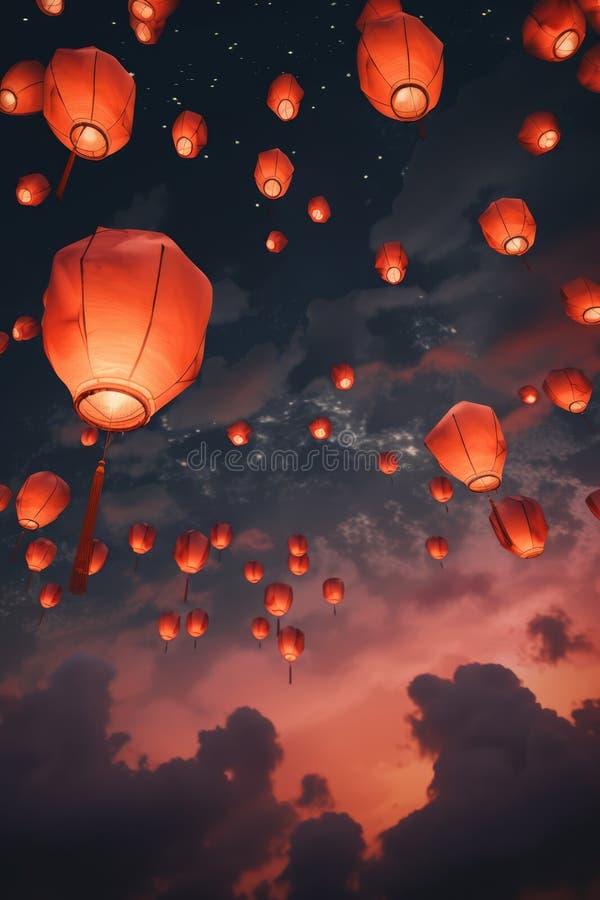 Multiple Lighted Chinese Lanterns Over Sky