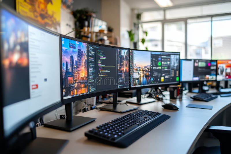 Multiple Monitors Setup in Modern Office Stock Illustration ...