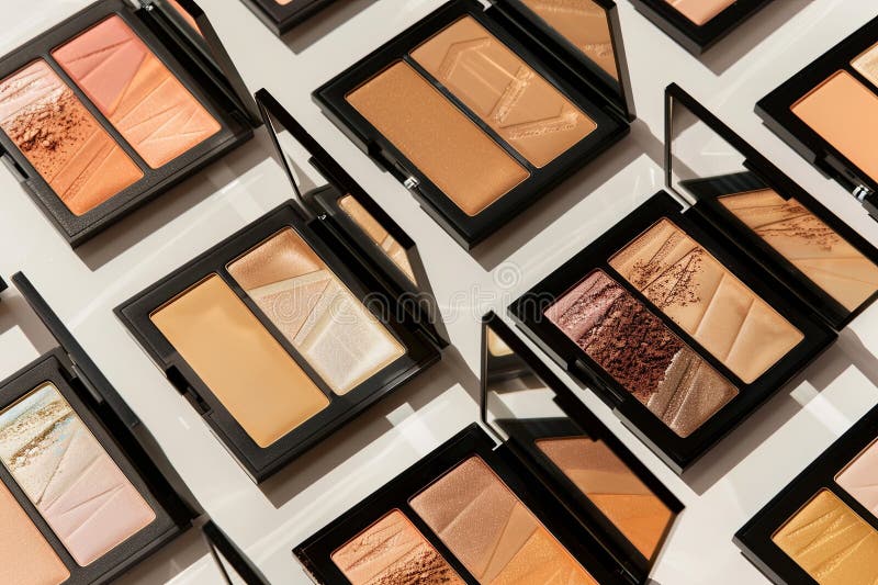 Multiple palettes of various shades for contouring and highlighting makeup arranged on a white background. Generative AI stock photos