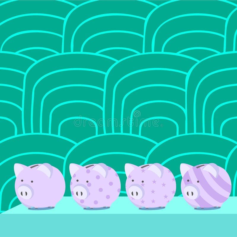 Multiple Piggy Bank Drawing on Table with Striped Background. Diffrent