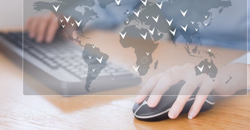 Multiple pointers over world map against mid section of person using computer stock image