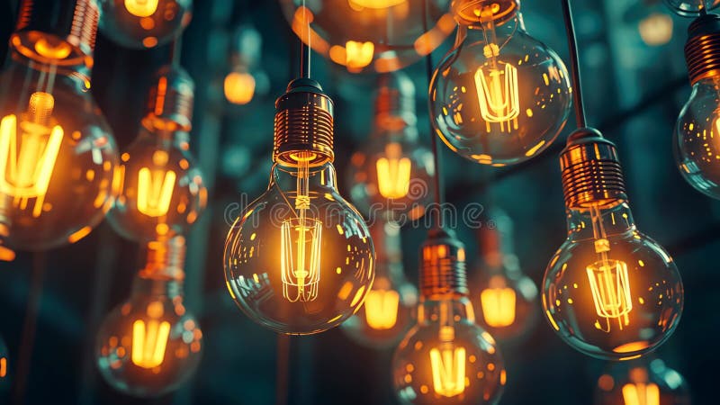 A cluster of vintage light bulbs in a dark space, creating a nostalgic ambiance with their soft radiance,. Nostalgic image video