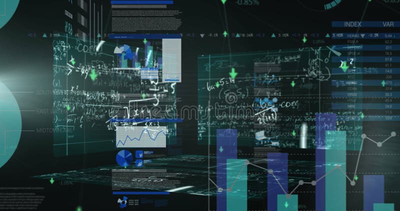 Multiple screens displaying complex data analysis and financial charts are visible. Bright colors highlight different types of information on each screen