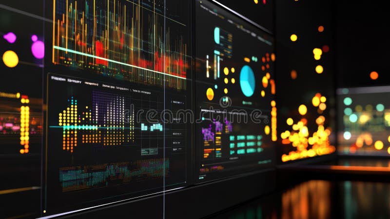 Multiple screens showing colorful futuristic user interface with charts and data analysis royalty free stock photos