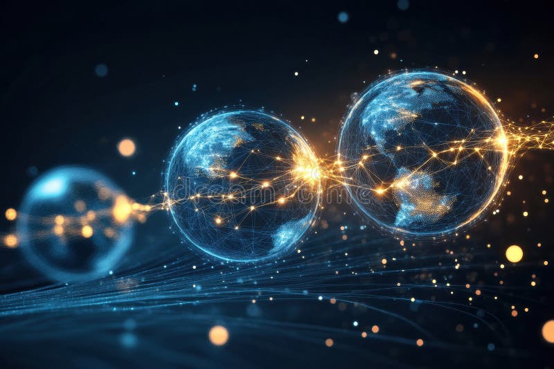 Multiple spheres representing unique virtual worlds interconnected by vibrant light beams in a cosmic setting
