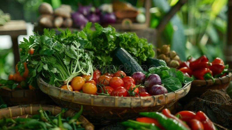 Various vegetables in baskets on table stock photo
