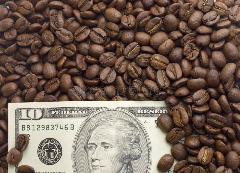 Multiple US dollars. Background of dollars with coffee