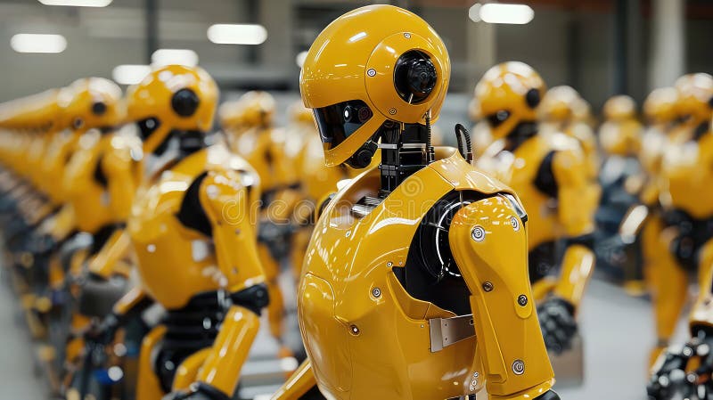 Multiple Yellow Robots Aligned in a Factory Setting generated with AI stock illustration