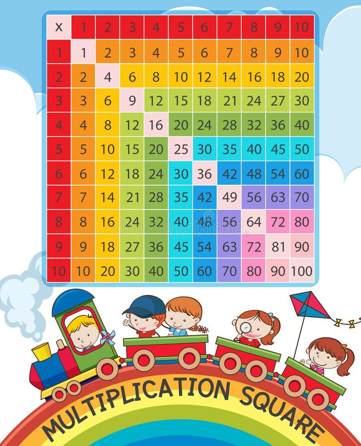 Multiplication square with rainbow and children on train stock illustration