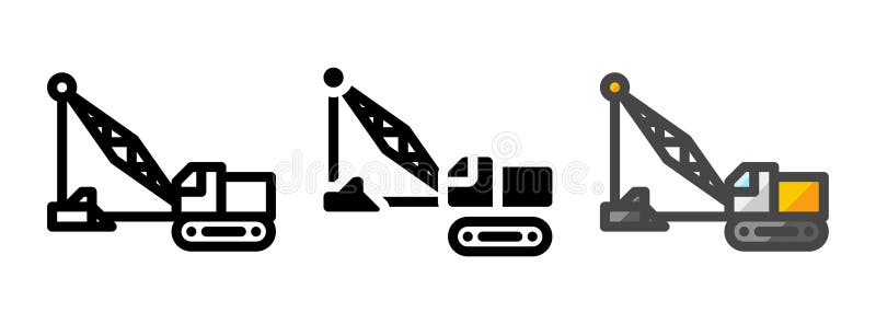 Three vector icons of a multipurpose dragline excavator are displayed in different styles: outline, glyph, and filled outline. Each icon features a simplified depiction of an excavator with a lattice boom, bucket, and track system. The outline style uses basic line drawings, the glyph is solid black, and the filled outline style combines colors like gray, blue, and yellow for a detailed look. These variations provide options for diverse design needs. Civil engineering line art vectors