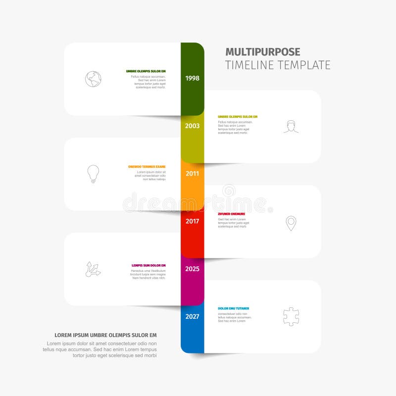 Multipurpose timeline template featuring a modern, colorful vertical timeline design suitable for various presentations. Creative timeline template includes different dates and icons for each event. History timeline vertical vectors