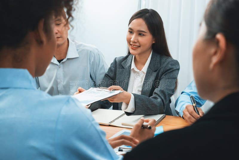 Multiracial analyst team use BI dashboard for data analysis. Concord royalty free stock photo