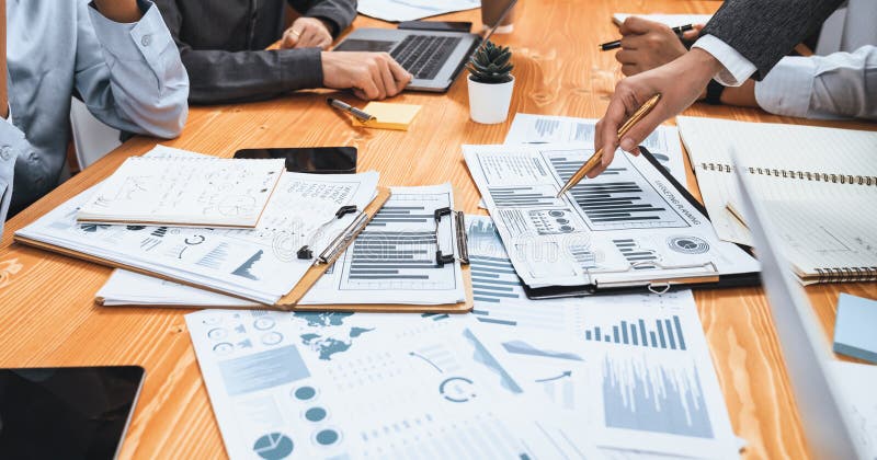 Multiracial analyst team use BI dashboard for data analysis. Concord royalty free stock photo