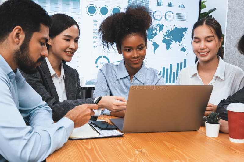 Multiracial analyst team use BI dashboard for data analysis with laptop. Concord stock image