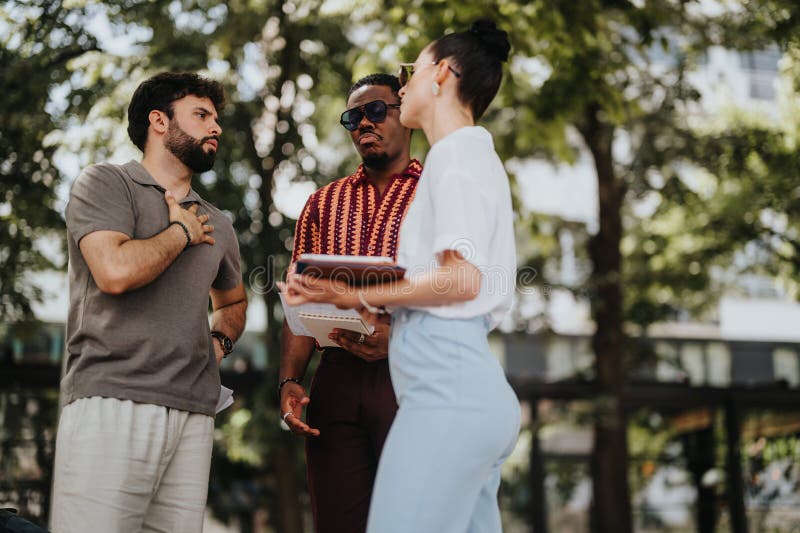 Multiracial business people discussing strategies and statistics in an outdoor meeting stock photography