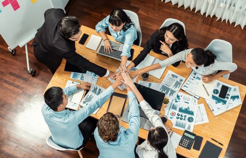 Multiracial business people make synergy hand stack together. Meticulous royalty free stock images