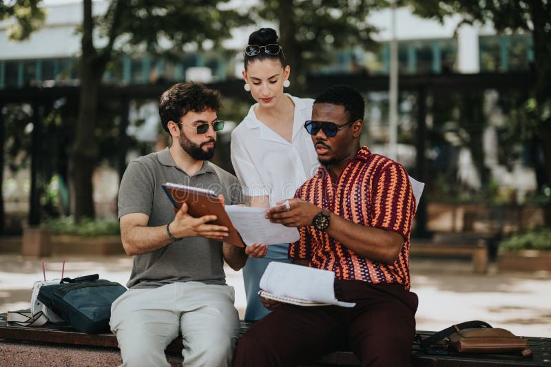 Multiracial business people in meeting analyzing and discussing growth strategies outdoors stock photo