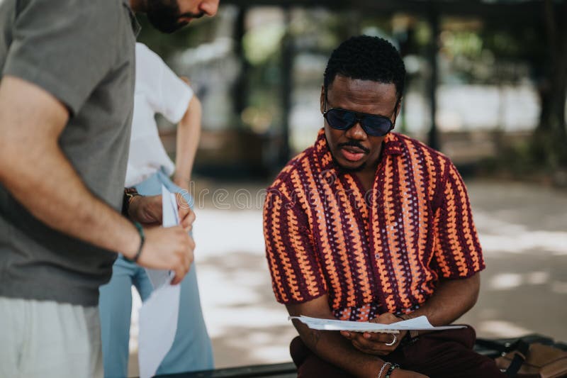 Multiracial business people in an outdoor meeting discussing statistics and revenue growth royalty free stock photo