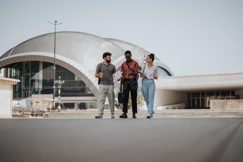 Multiracial business team discussing strategy and growth outside modern building stock images