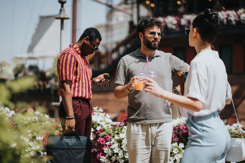 Multiracial business team meeting outdoors discussing growth strategy and innovative ideas over beverages royalty free stock image