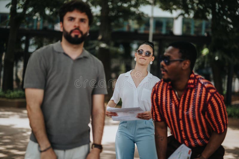 Multiracial business team strategizing and discussing growth outdoors stock images